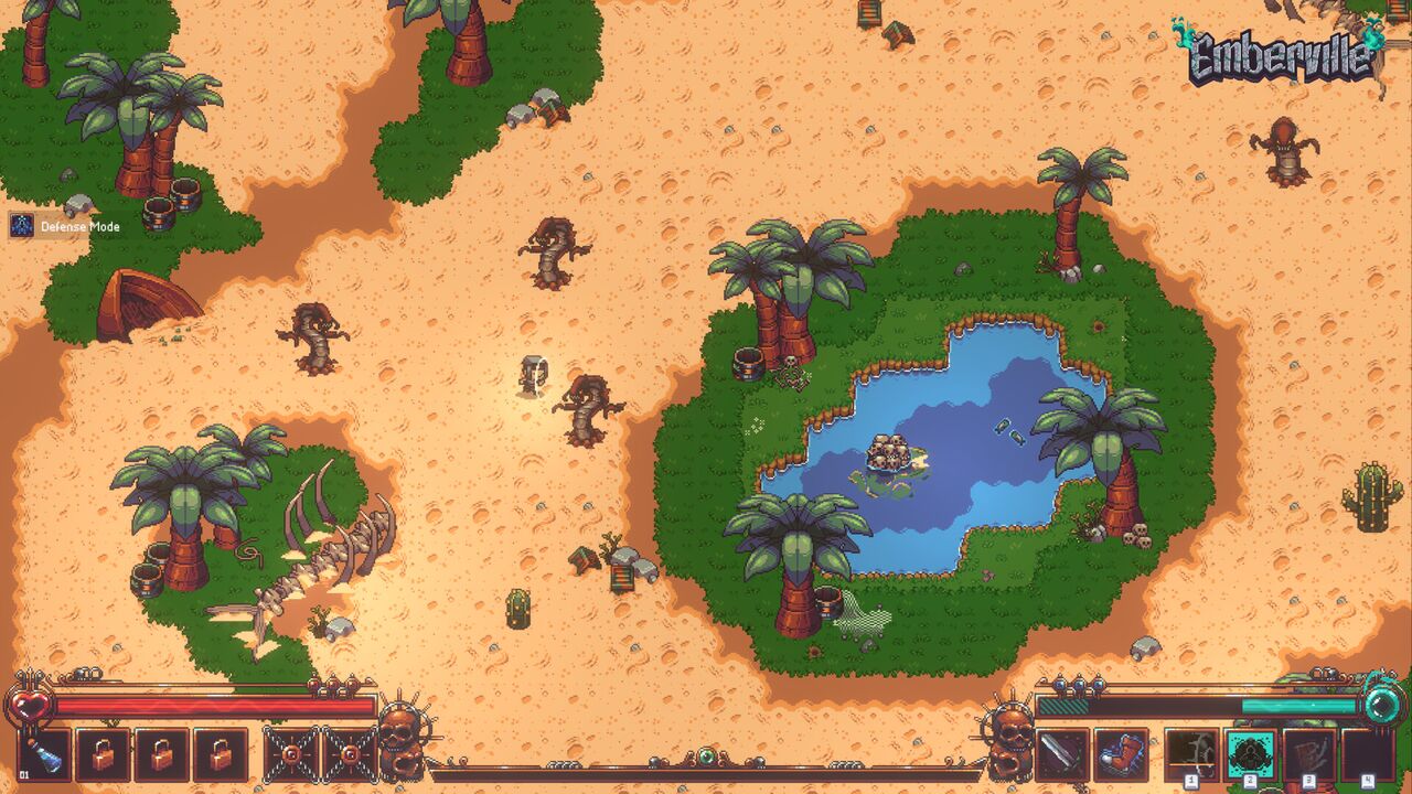 Official Emberville screenshot: a desert biome with palm trees, cacti and hostile creatures around an oasis