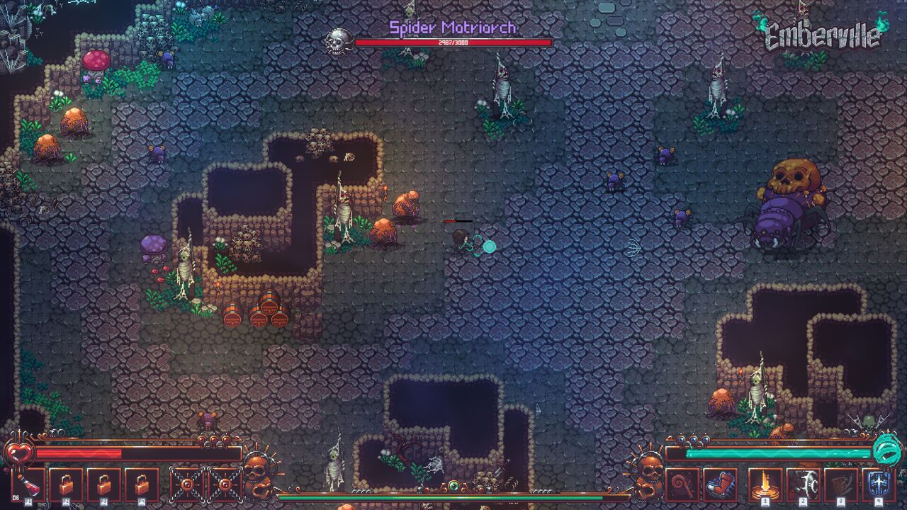Official Emberville screenshot: a boss health bar over a dark prison chamber while the player fights through the room