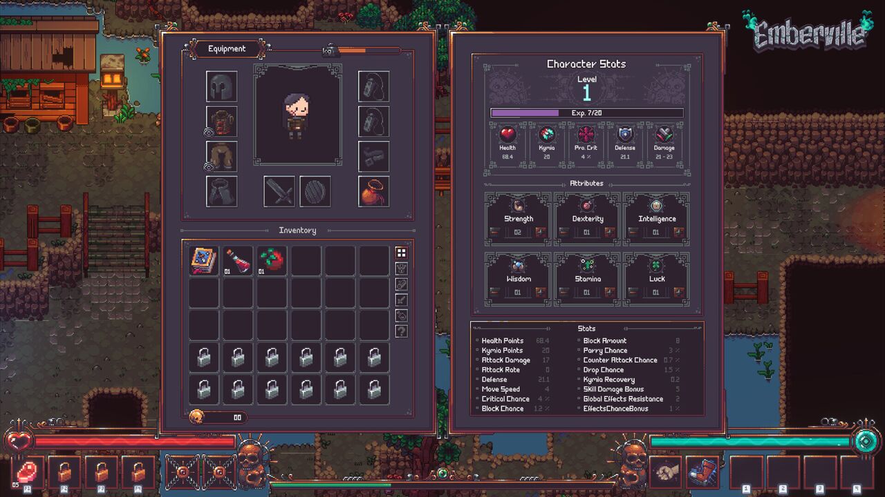 Offizieller Emberville-Screenshot: der Charakterbildschirm mit Ausrüstungsplätzen, Masteries und Kampfwerten