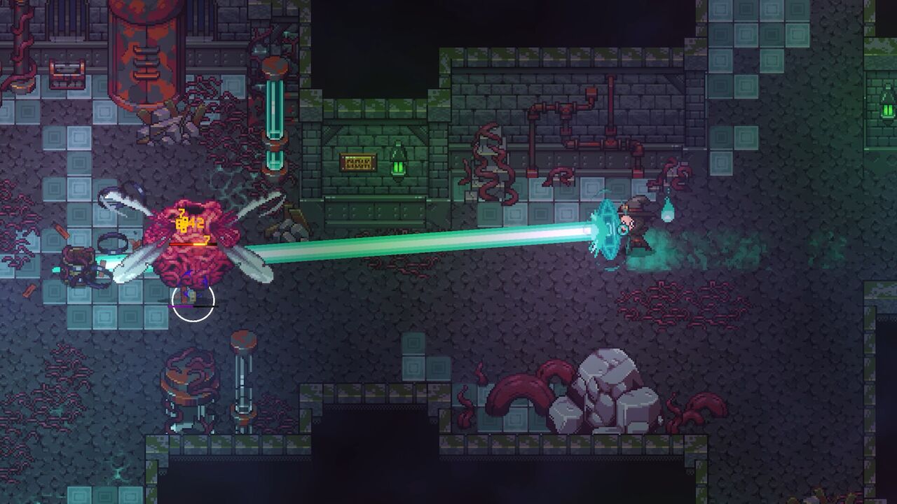 Official Emberville screenshot: a magic beam attack striking a floating enemy in a tiled dungeon chamber