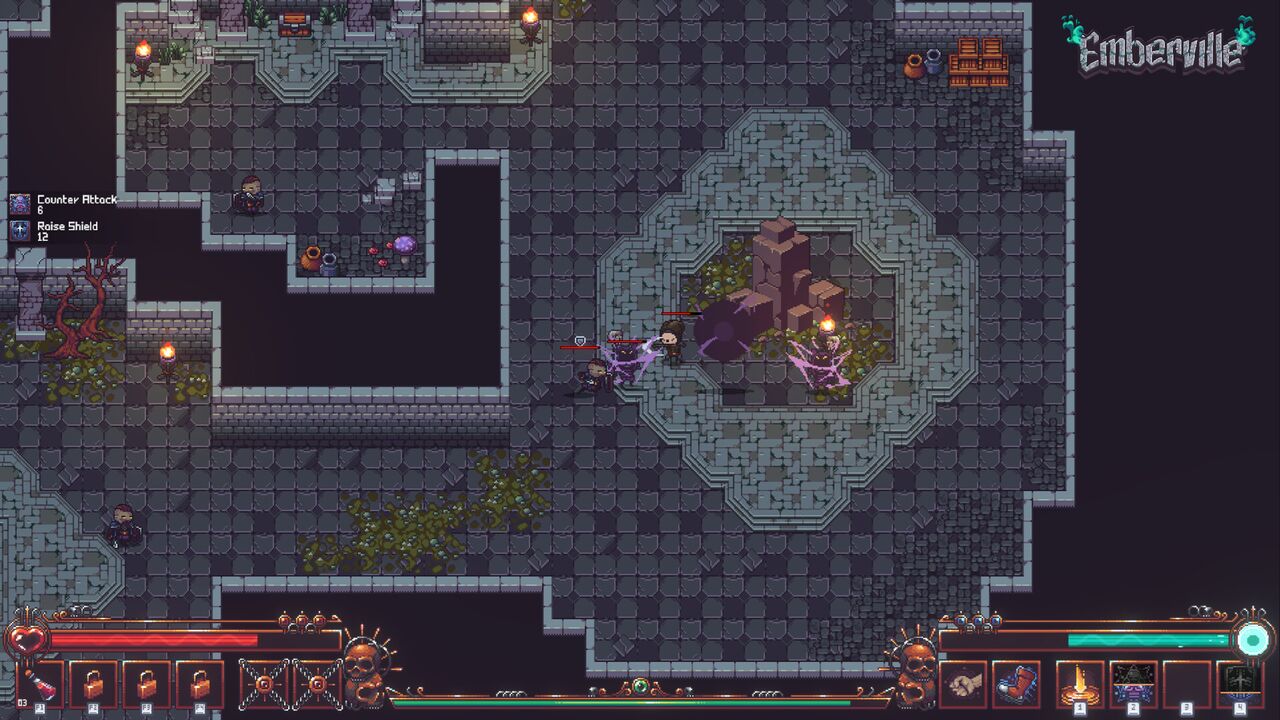 Official Emberville screenshot: stone hallways inside the Vitromotus prison, lit by wall torches, with patrolling enemies and scattered loot