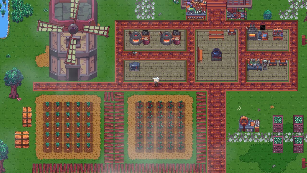 Capture d'écran officielle d'Emberville : parcelles cultivées en terrasses avec arroseurs et un moulin à vent sur le domaine du joueur