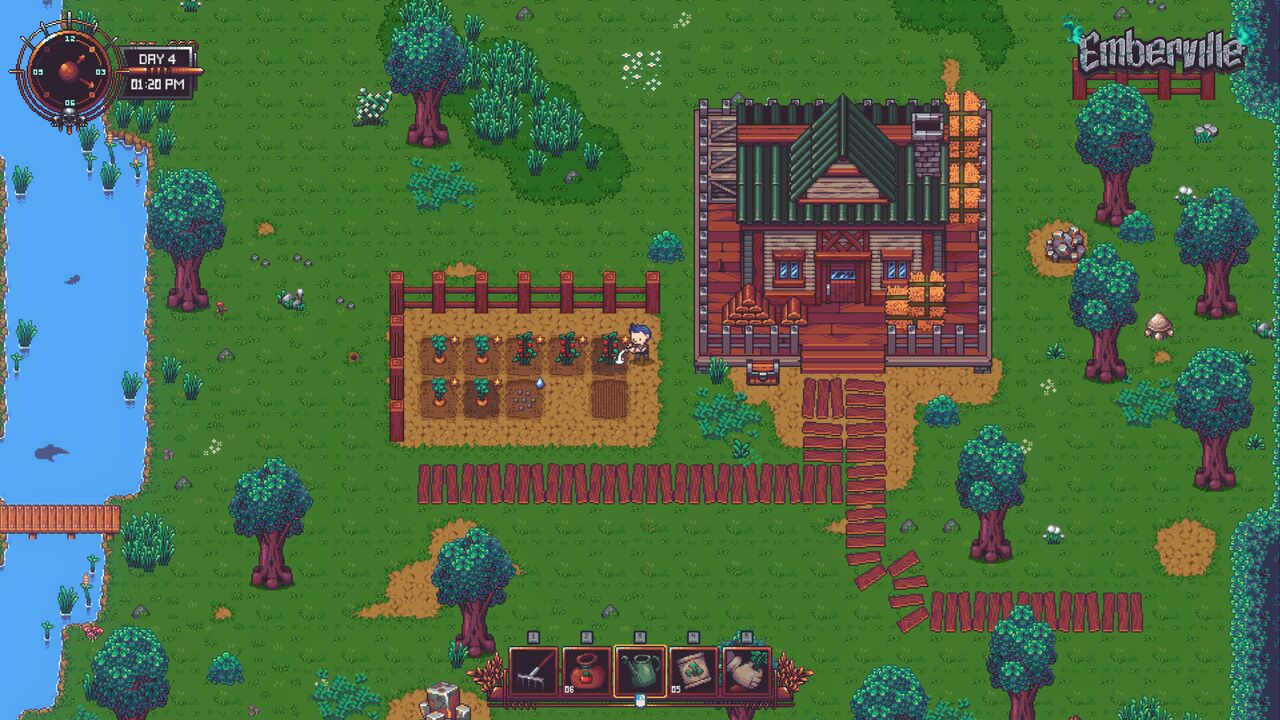 Official Emberville screenshot: a restored village house beside a river, with fenced crop plots and a resident tending the garden