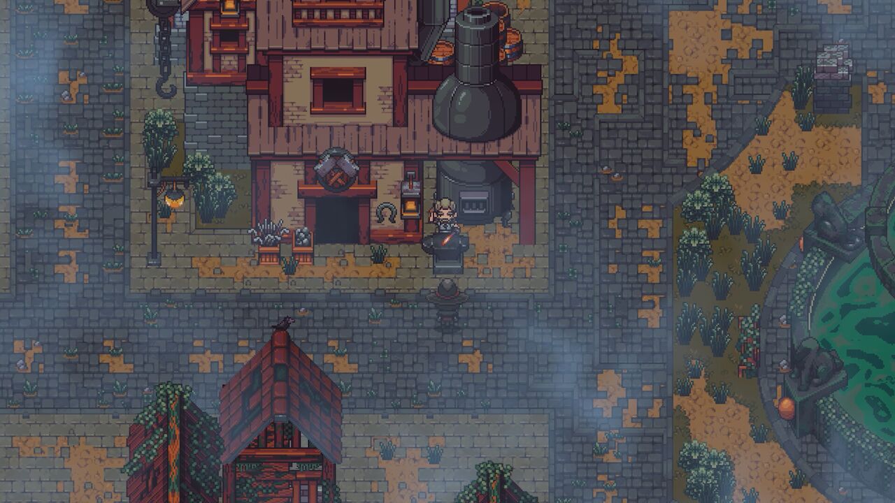 Emberville公式スクリーンショット：炉と金床のある鍛冶場で、キャラクターがクラフト作業台に向かっている様子